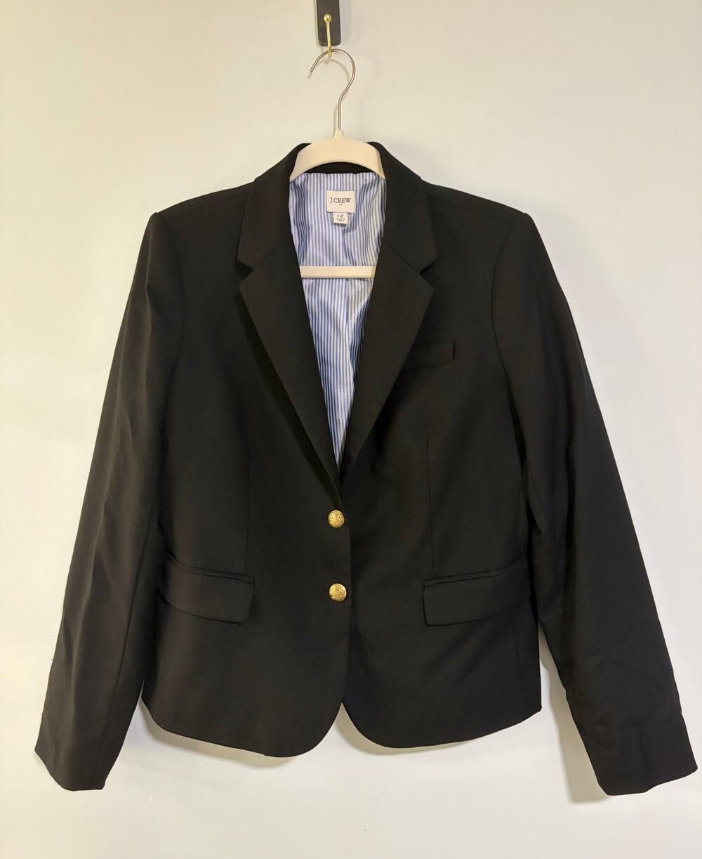 J.Crew Schoolboy Black Wool Blend Blazer Size 12 Gold Buttons Striped Lining